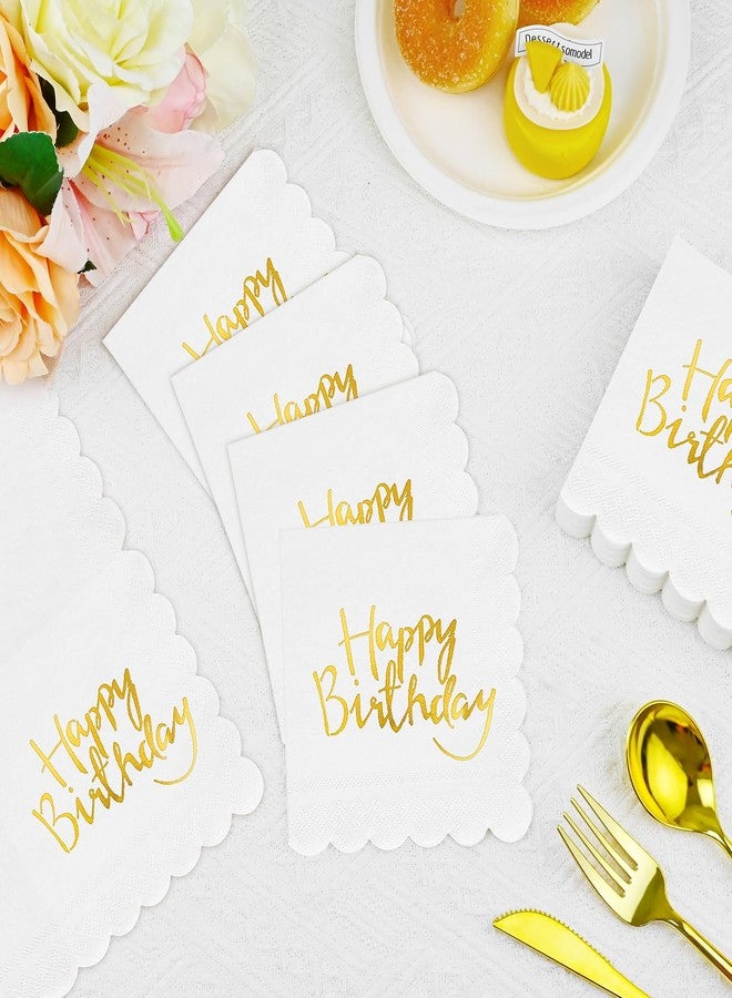 MEINV 100 Happy Birthday Napkins - Disposable Scalloped Gold Foil Birthday Cocktail Napkins, 3-Ply Golden and White Dinner Paper Napkin for Men Women Birthdays Party Decorative Supplies (Gold) - Image 4